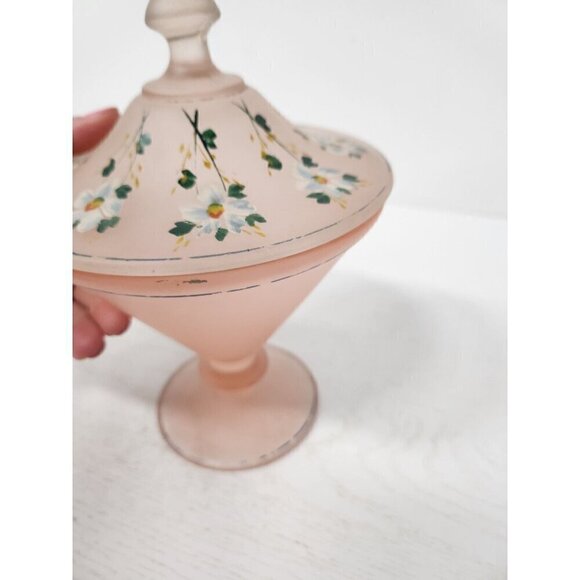 VTG Tiffin Glass Pink Satin Candy Dish Lidded Floral Hand Painted Rooted Classic - Picture 7 of 11